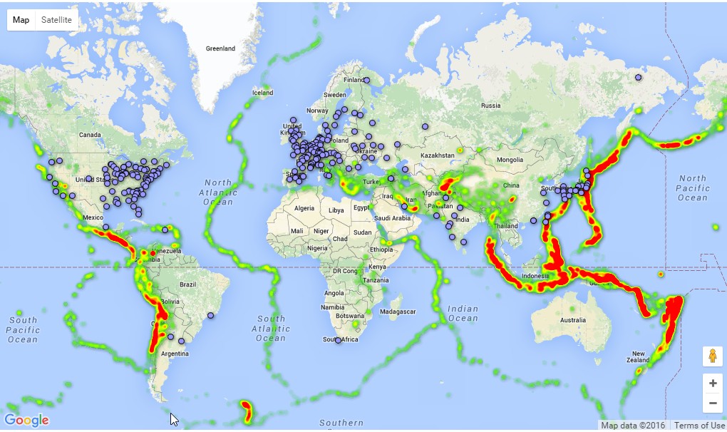全球核电站与地震带分布图