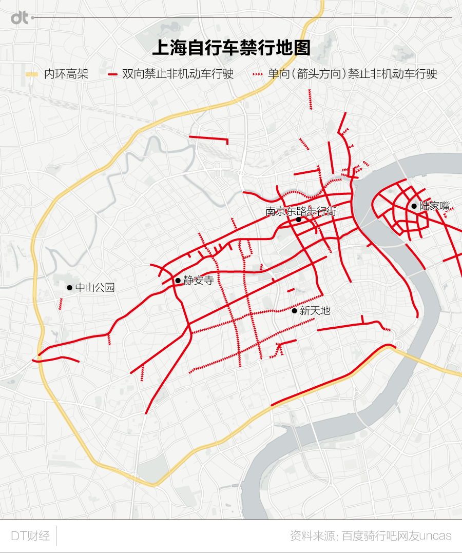 在某贴吧找到一张集结了群众智慧的上海市区自行车禁行地图——市中心